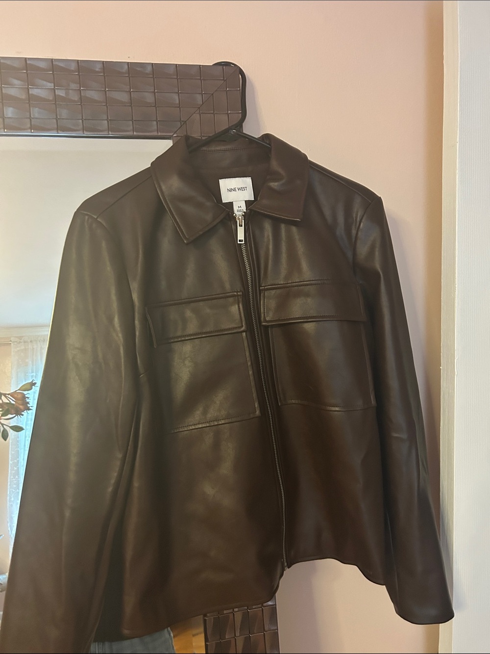 Nine West women’s Brown Leather  Jacket with Front Flap Pockets
